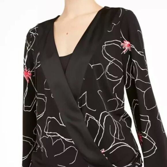 Alfani Womens Blouse Top Faux Wrap Floral Print Long Sleeves Black White Pink L - Picture 4 of 15
